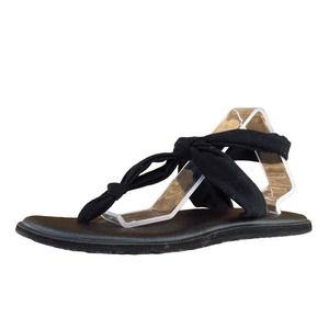 Sanuk Size 8 M‎ Black T-Strap Fabric Women Sandal Shoes